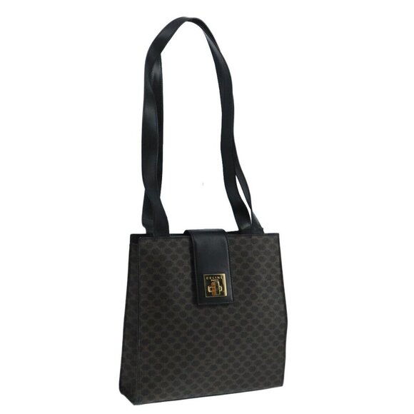 CELINE Macadam Canvas Shoulder Bag PVC Leather Black Gold Auth